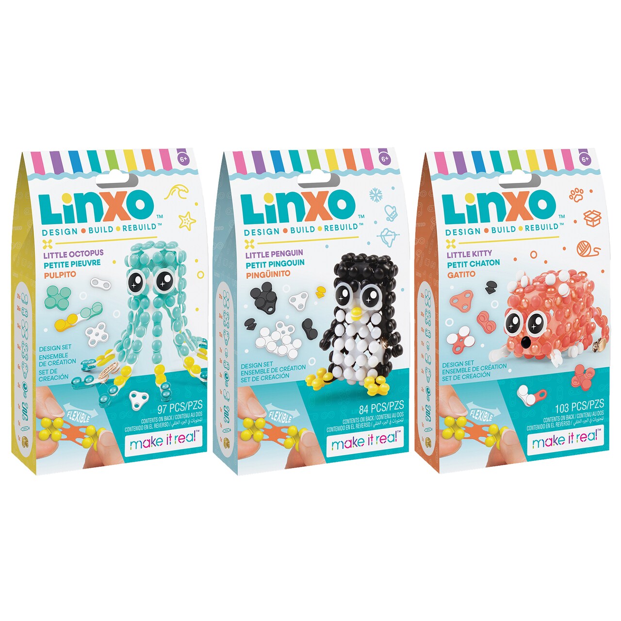 Make It Real: LinXo Little Friendship 3pk - Octopus, Penguin, Kitty - Create Flexible 3D Characters, Design-Build-Rebuild, DIY Craft Kit, Kids Age 6+